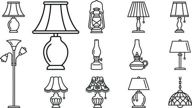 Set of various interior lighting fixtures including table lamps, floor lamps, and hanging lights in black and white line style