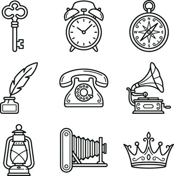 Set of vintage including an antique key, alarm clock, compass, quill, telephone, gramophone, lantern, camera, and royal crown