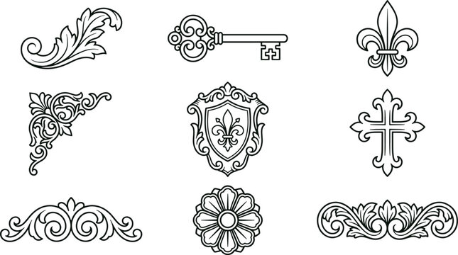 Set of vintage decorative ornaments and heraldic symbols, black and white line featuring scrollwork, key, fleur de lis, shield, and cross