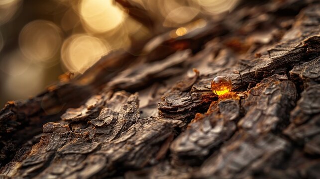 Dried pine resin bead on branch close up