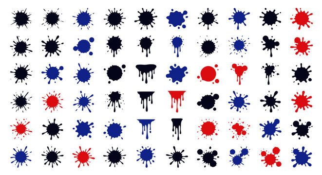 Vector illustration of diverse ink splatters in black, blue, and red on white background
