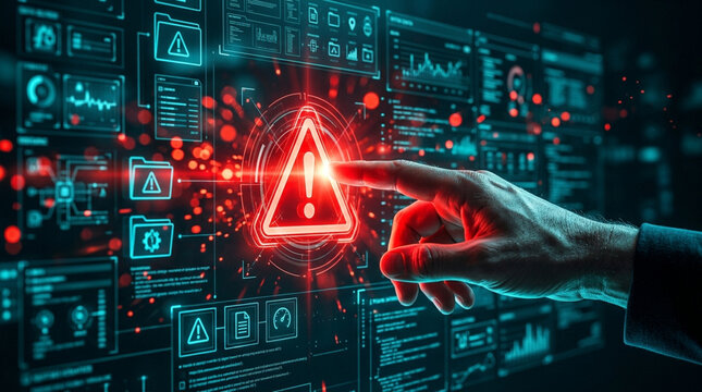 A close-up of a human hand touching a glowing red warning icon with an exclamation mark on a futuristic digital dashboard interface showing cybersecurity data and system alerts.