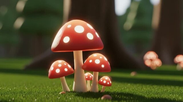 Stylized 3D Red Mushroom Cluster in Forest Grass, Cute Toadstool Illustration for Fantasy Game Design, Whimsical Nature Background for Children Storybook Concept