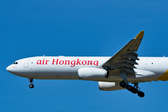 DHL Aviation Airbus A330-300F (B-LKA) freighter cockpit section approaching Narita International Airport