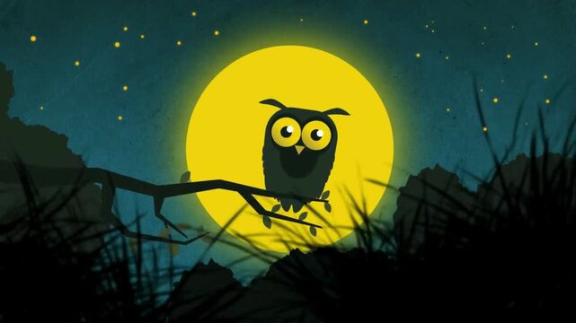 Minimalist illustration of a cute cartoon owl perched on a branch with a large glowing full moon