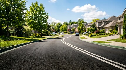 Fototapeta premium Rural road winding through green countryside with farmhouse.