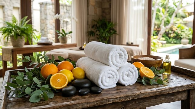 A serene wellness setup on a rustic wooden tray table featuring rolled white towels, fresh citrus fruits, hot massage stones, and green eucalyptus leaves inside a luxurious resort spa oasis.