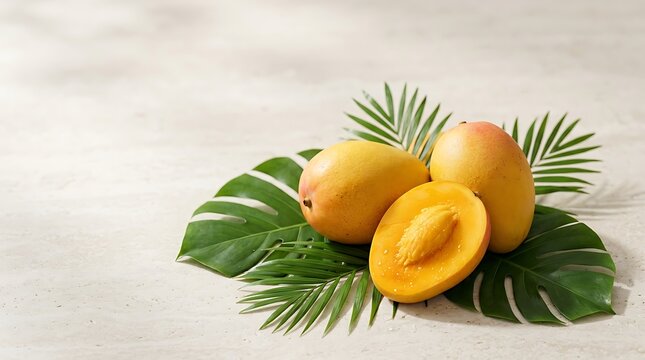 A vibrant arrangement of fresh ripe yellow mangoes, whole and sliced in half, placed on green tropical monstera and palm leaves over a bright, textured neutral background under soft shadows.