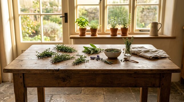 Freshly harvested culinary herbs arranged on a rustic wooden table in a sunlit cottage kitchen, featuring bundles of rosemary, thyme, and sage with potted herbs on the windowsill behind.