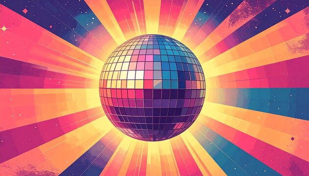 Retro groovy disco ball in trendy vintage colors with sunburst background. Disco vintage poster for retro 70s parties