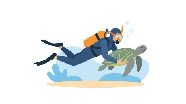 Scuba diver swimming with a sea turtle underwater.