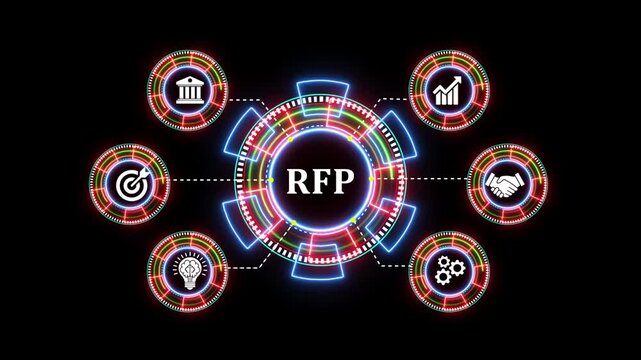 Rfp request for proposal neon digital hud animation with business icons motion.