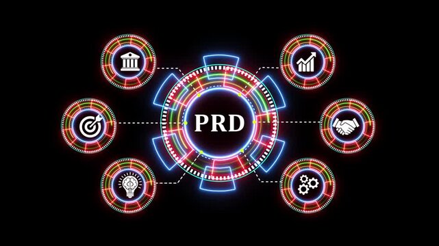 Business solution animated hologram prd text and icons with bright light effect.