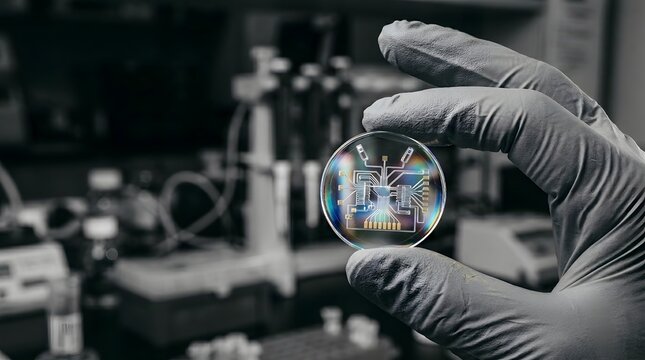 Scientist gloved hand holding modern round lab-on-a-chip microfluidic device over blurred laboratory background