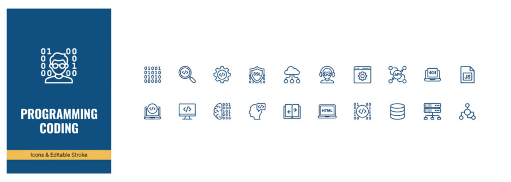 Modern programming and coding icon set for digital software development and web infrastructure