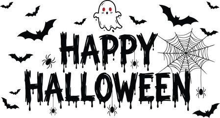 Spooky happy halloween greeting with bats ghost and spider web © AMENA