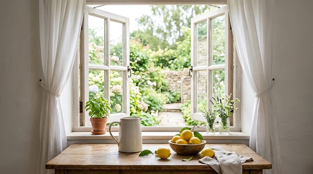 A bright cottage window swings open to a lush summer garden, overlooking a rustic wooden table set with a bowl of fresh lemons, a ceramic pitcher, and delicate white curtains on either side.