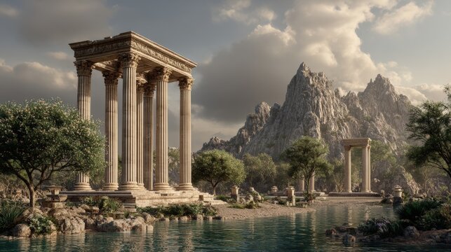 Lost civilization. Fantasy. A vivid portrayal of an ancient temple complex, set against a mountainous backdrop. The temple is a series of tall.