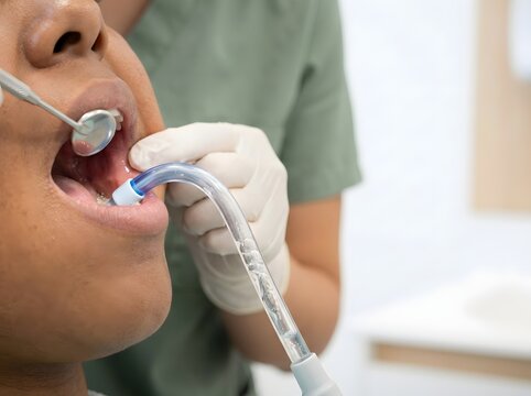 Close up of dentist hand using saliva ejector suction tube and dental mirror in patient mouth