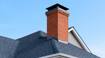 Fototapeta premium Modern brick chimney with protective metal cap on residential roof under blue sky. Well-maintained home ventilation system, durable masonry construction, exterior architecture and roofing detail