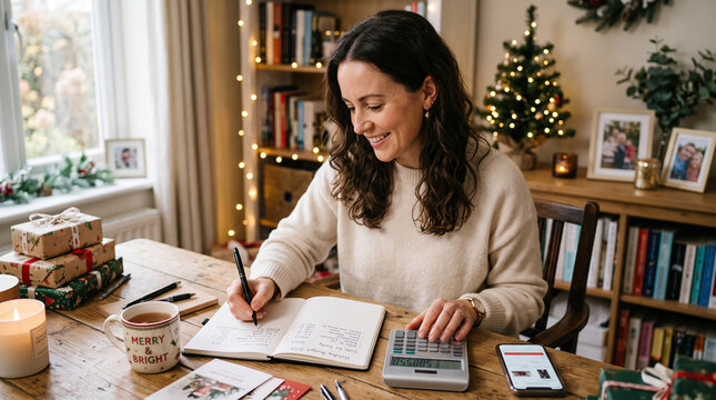 Woman budgeting for Christmas with calculator and notebook