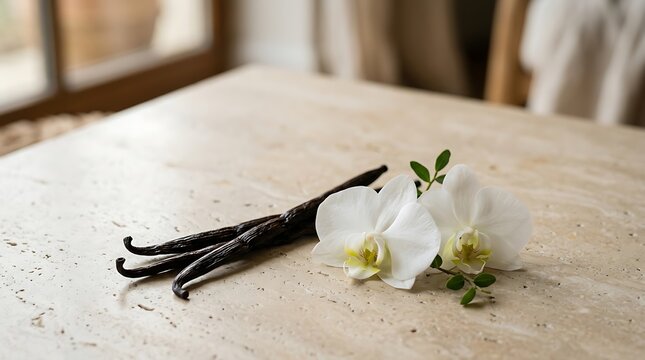 Aromatic vanilla pods paired with elegant white orchid flowers on a textured beige travertine stone table in a bright, soft-lit interior, representing pure baking ingredients and luxury spa.