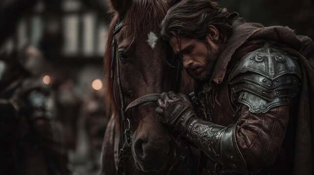 Europe medieval lifestyle. A dramatic portrayal of a warrior in a medieval setting. The warrior, with a beard, wears a leather jacket with intricate silver detailing, a helmet with a cross emblem.