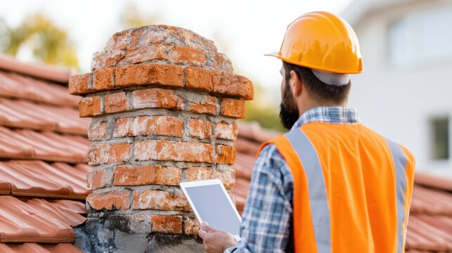 Professional chimney inspector examining brick chimney on tiled roof with digital tablet. Residential fireplace inspection, structural assessment and preventive maintenance service