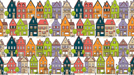 Naklejka premium Flat Vector Illustration of a Repeating Pattern of Colorful European Townhouses with Trees and Bicycles, Whimsical Street Scene