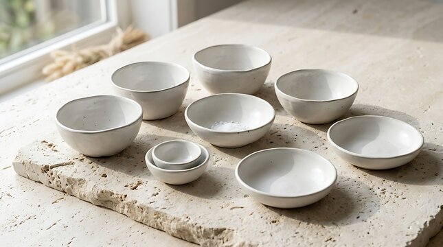 An exquisite collection of handmade white ceramic bowls of different sizes, beautifully arranged on a rustic travertine stone slab on a bright kitchen counter, lit by warm and natural daylight.