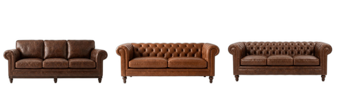 Set of three luxury brown leather sofas, classic chesterfield and modern tufted designs, isolated on white background, professional furniture collection for interior design projects, home decor, and h