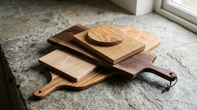 A beautiful collection of assorted wooden cutting boards and serving platters stacked on a rustic stone countertop by a window, highlighting natural wood grain and high-quality kitchenware.