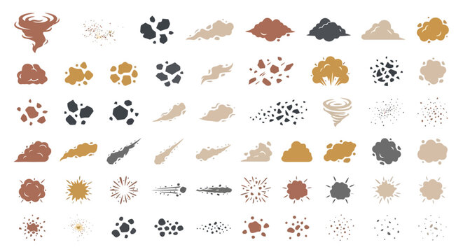 Flat dust and dirt explosion vector icons with smoke and debris.