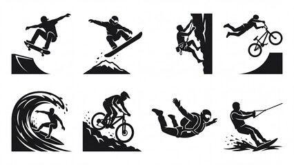 Obraz premium Dynamic set of extreme sports silhouettes vector icons illustrating various action and adventure activities isolated on white background