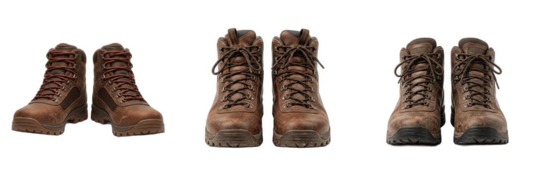 Set of Brown Leather Hiking Boots Isolated on White Background, Durable Outdoor Footwear for Men, Sturdy Ankle Boots for Trekking and Adventure, Professional Gear for Mountain Climbing and Rugged Terr