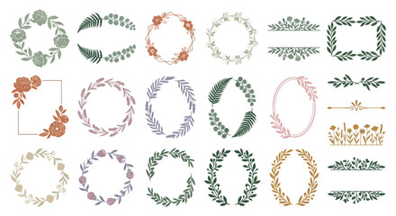 Fototapeta premium Botanical floral wreaths and frames in earthy pastel colors for elegant wedding stationery design.