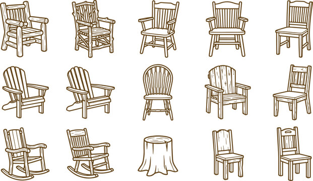 Set of fifteen hand-drawn brown outline of various wooden chairs, rocking chairs, and a tree stump on a white background