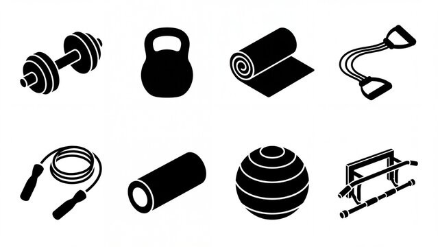Set of fitness equipment icons black silhouette vector design elements for gym and workout apps isolated on white
