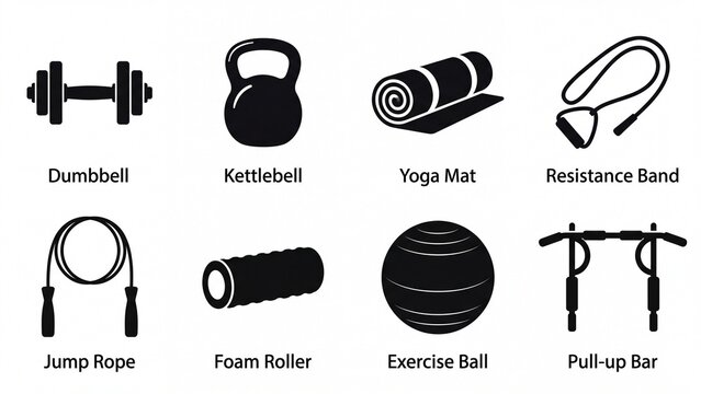Vector set of common gym and fitness equipment icons designed in a modern flat style suitable for sports apps and training infographics