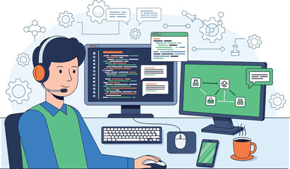 Fototapeta premium Young software developer wearing headphones sitting at desk working on computer code and web programming project with dual monitors in a modern creative office workspace