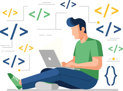 Young man sitting and working on a laptop computer with colorful software code tags and programming symbols floating around him in a modern flat design illustration