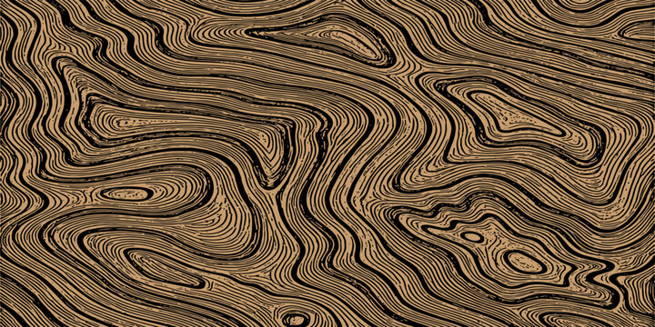 Tree trunk texture with wavy lines and growth rings. Abstract background. 2D illustration.
