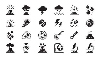 Pixel art volcano and earth science vector icons, a vast collection for projects. © MDABDUR