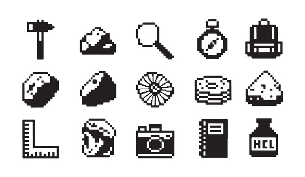 Pixel art geology vector icon set, perfect for games and educational materials.