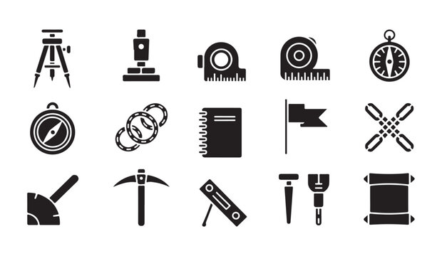 Geological survey and mining tools icons including compass, tripod, and measuring devices.
