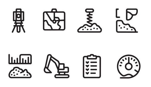 Surveying and geological tools icons for mapping land and measuring geological data.