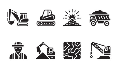 Heavy construction machinery silhouette icons set featuring excavator truck and crane. © MDABDUR