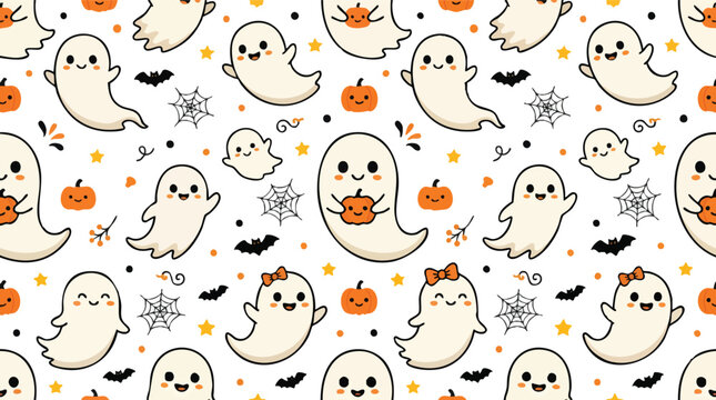 Cute Halloween seamless pattern with friendly ghosts and pumpkins