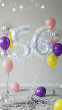 56th Birthday Celebration Balloon Bouquet with Iridescent Number Balloons and Colorful Confetti Decorations for Anniversary Party or Milestone Event