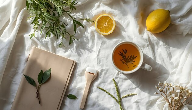 Serene flat lay of hot herbal tea, fresh lemons, green herbs, a notebook, and a wooden wellness tool on a white wrinkled linen, showcasing a peaceful morning self-care and healthy lifestyle.